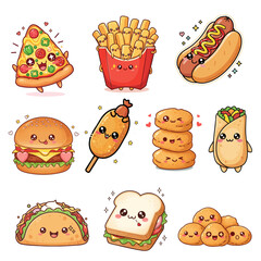 Cute Kawaii Fast Food Characters Set