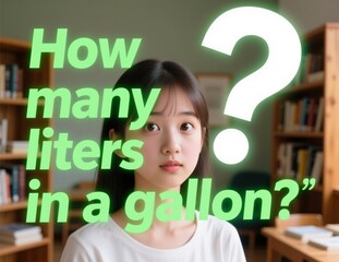 A focused girl sits in a library with a bright green question mark and text asking liters in gallon