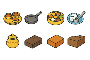 Traditional indian cuisine elements: tea, cookware, dishes, and sweets