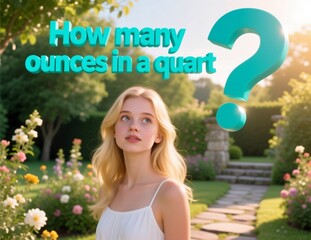 A dreamy girl looks up in a sunny garden beside a teal question mark asking ounces in quart