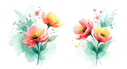 Watercolor floral arrangements with pink and yellow flowers on white background