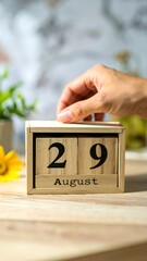 Hand turning wooden calendar to August 29