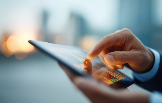 A person interacts with a digital tablet displaying stock trading data, capturing the essence of investment in a vibrant urban landscape at sunset