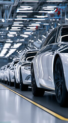 Row of sleek white cars on an automated production line inside a high-tech automotive factory.

