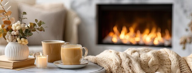 Warm drinks by the cozy fireplace with soft lighting and a comfortable atmosphere during a winter evening at home