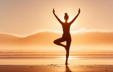 Fototapeta premium A serene scene unfolds as a woman gracefully performs yoga on a beach at sunrise, capturing the essence of peace and connection with nature