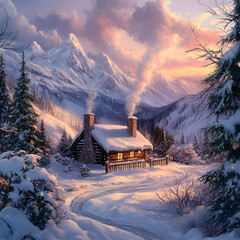 Snowy Cabin in the Mountainous Forest, Cozy Winter Cabin, Snowy Mountain Lodge, Tranquil Winter Escape, Log Cabin in the Snow, Cabin in a Snowy Forest, Snowy Retreat with Chimney Smoke, Winter Paradis