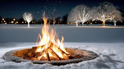 Warm campfire surrounded by snow and illuminated trees at night creating a cozy winter atmosphere