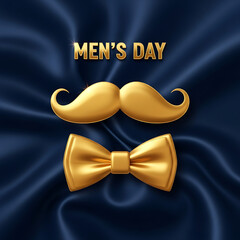 Mens day elegant golden mustache and bowtie on dark blue background