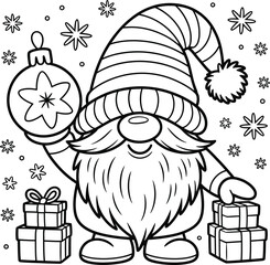 Charming gnome with gifts and ornament christmas coloring page for festive fun