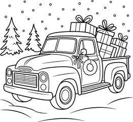 Vintage christmas truck with gifts snowy scene festive holiday scene line art