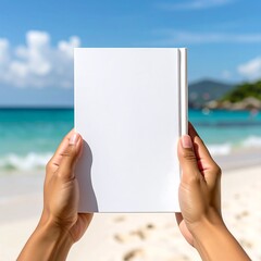 Hands hold a blank white book on a beach