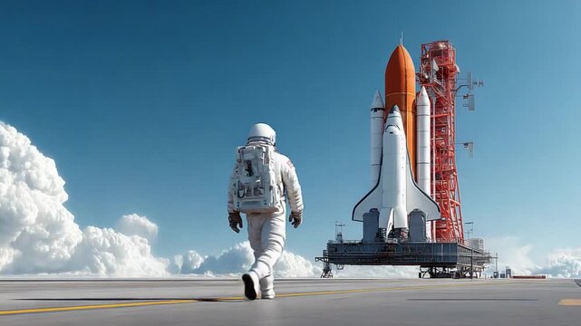Astronaut and Rocket on the Launchpad: A lone astronaut strides purposefully towards a colossal rocket poised for launch against a backdrop of boundless blue sky and fluffy clouds.