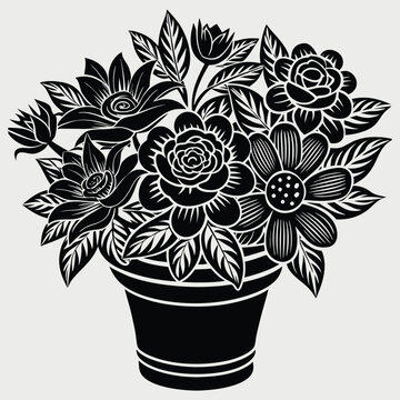 Elegant Black and White Floral Bouquet in Pot Decorative Vector Illustration,flower pot,flower pot vector,flower pot design,flower pot concept, flower pot post, flower pot cartoon,flower pot template,