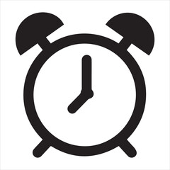 Black alarm clock icon with hands pointing to 7:00 on white background Keywords: alarm clock, time