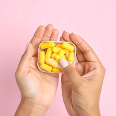 Hands holding a small container of yellow earplugs