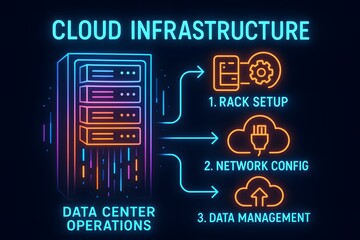 Neon Data Center Infographic with Server Racks and Network Infrastructure for Digital Technology