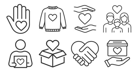 Charity and volunteer icon set. Love, care, family and support symbols. Outline vector illustration on transparent background