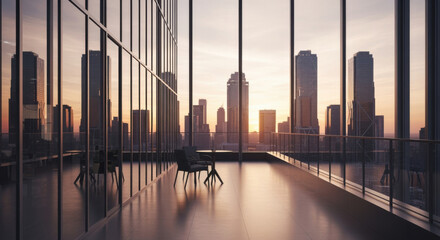 Interior view of a modern office overlooking a cityscape at sunset.