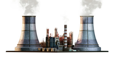 Modern thermal power plant with cooling towers, industrial chimneys emitting steam, complex pipelines, machinery. Energy production, heavy industry, electricity generation, environmental technology 3D © Corona Borealis