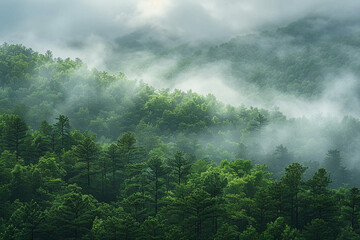 A captivating image of a misty landscape seamlessly blending into a lush forest, with addition of ethereal low-hanging clouds enhancing enchanting atmosphere, highlighting harmonious interaction betwe