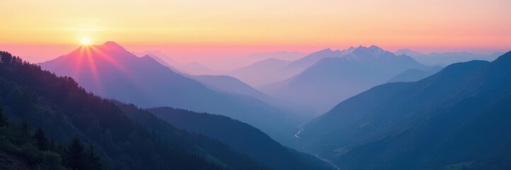 Fototapeta premium Misty mountain range at sunrise, soft light on peaks, majestic, clouds, peaceful