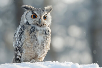 A charming and fluffy owl perched gracefully on a serene blanket of snow, showcasing its beauty and elegance in the winter wonderland  