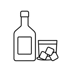 Bottle and glass with ice cubes in outline style on transparent background