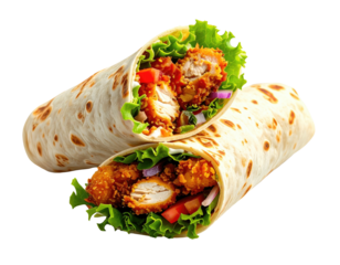 Delicious, crispy fried chicken wrap cut in half. Filled with fresh veggies, lettuce, & a creamy sauce