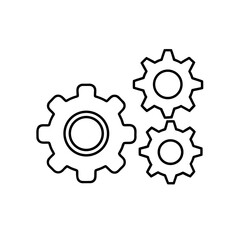 Three gears arranged in a cluster outline drawing on transparent background