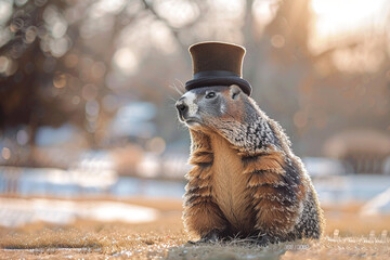 A charming groundhog looking dapper in a stylish top hat basking in the warm winter sun, exuding elegance and grace in the picturesque winter landscape  