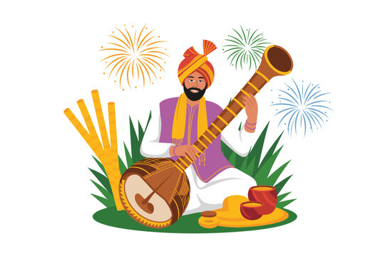 Illustration of a man playing tumbi during a festive celebration
