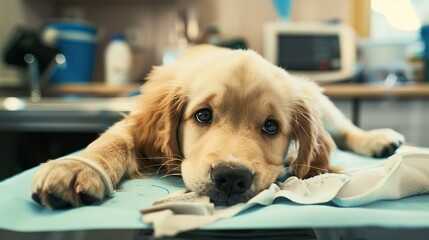 An Adorable Golden Retriever Puppy With Clear, Innocent Eyes Lies on an Examination Table in a Veterinary Clinic&mdash;Looking Calm and Curious, Capturing a Gentle Moment of Pet Healthcare Check-Up