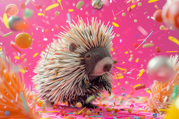 A charming illustration of a porcupine surrounded by playful elements on a vibrant pink backdrop, showcasing the adorable and unique characteristics of this spiky animal in a whimsical and delightful 