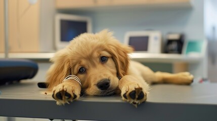 An Adorable Golden Retriever Puppy With Clear, Innocent Eyes Lies on an Examination Table in a Veterinary Clinic&mdash;Looking Calm and Curious, Capturing a Gentle Moment of Pet Healthcare Check-Up