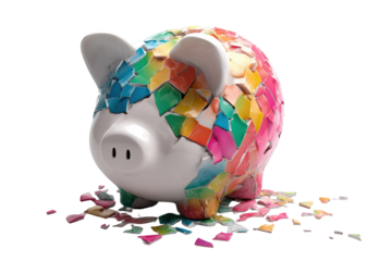 Colorful mosaic piggy bank with shattered pieces