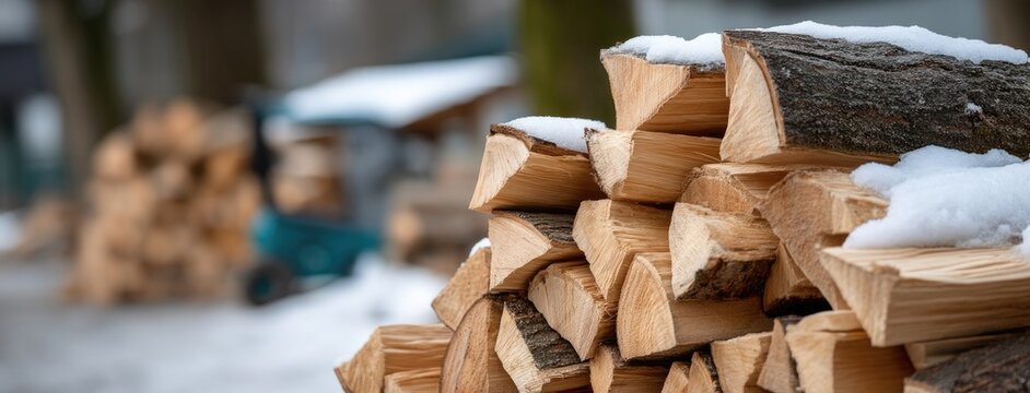 Stacked firewood covered in snow near a woodpile in a winter landscape during the day shows preparation for a cozy fire