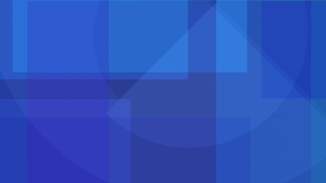 Loopable slow motion abstract blue geometric background, overlapping blue rectangles, circles and squares, layered mosaic pattern with modern digital aesthetic