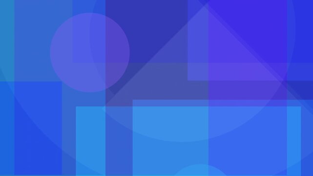 Abstract loopable geometric background with layered blue slow motion shapes, circles, rectangles, and squares, various shades creating modern overlapping pattern