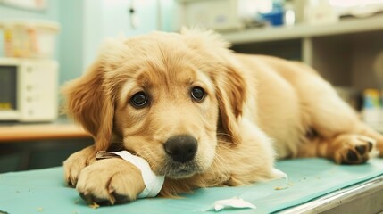 An Adorable Golden Retriever Puppy With Clear, Innocent Eyes Lies on an Examination Table in a Veterinary Clinic&mdash;Looking Calm and Curious, Capturing a Gentle Moment of Pet Healthcare Check-Up