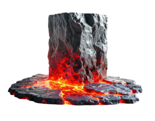 Volcanic rock formation with molten center and fractured surface isolated against a black background