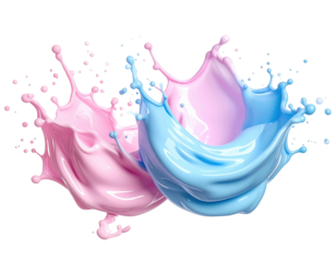 Dynamic, vibrant splash of pink and blue liquids merging together against a black background