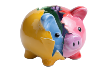 Broken piggy bank, colorful pieces