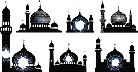 Mosque silhouette illustration, binary code design, shattered glass effect, digital disruption, cultural architecture, cyber concept, modern religion, technology integration, abstract symbolism