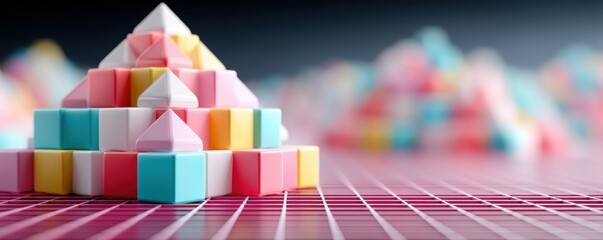 Geometric pastel blocks arranged in a pyramid shape on a grid surface with a blurred colorful background.