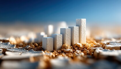 Bar chart columns rise from a cracked, dry earth surface under a blue sky, symbolizing growth amid environmental challenge.