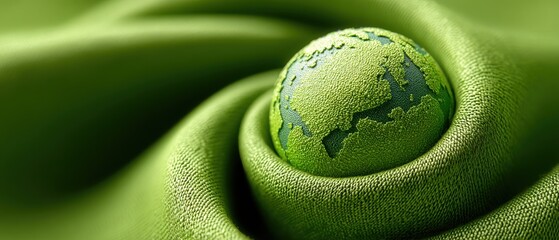 A green textured globe rests on flowing green fabric, symbolizing nature, sustainability, and environmental protection.
