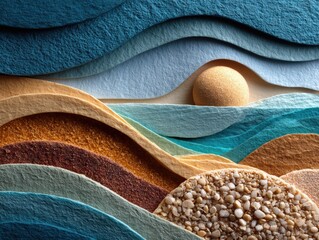 A colorful abstract landscape made with textured paper layers and small stones, resembling waves and a sun over a horizon.