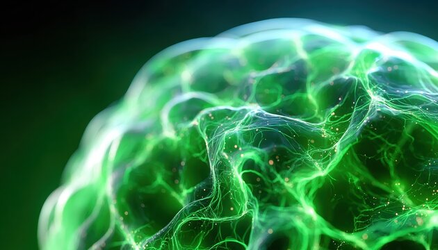 A glowing green abstract brain with electric neural connections and energy lines on a dark background.