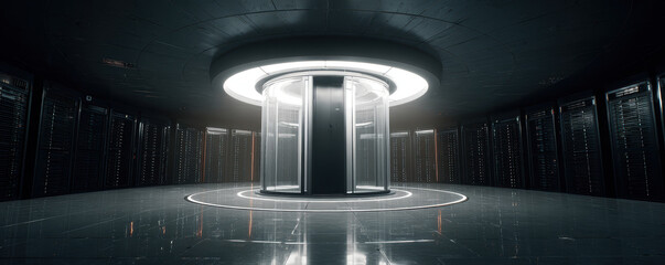 Data center with ai technology for training and processing in futuristic room with glowing lights and reflective floor